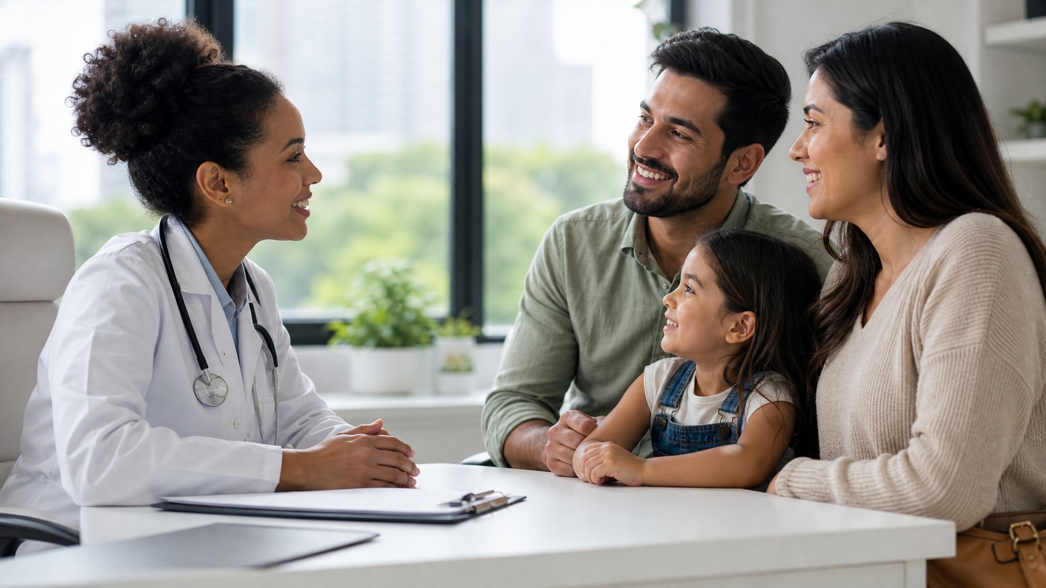 Médica conversando com família em consultório — seguro saúde vale a pena