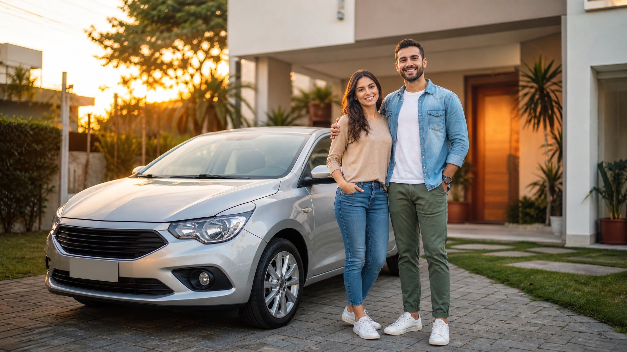 Casal ao lado de carro compacto em frente de casa — seguro automotivo