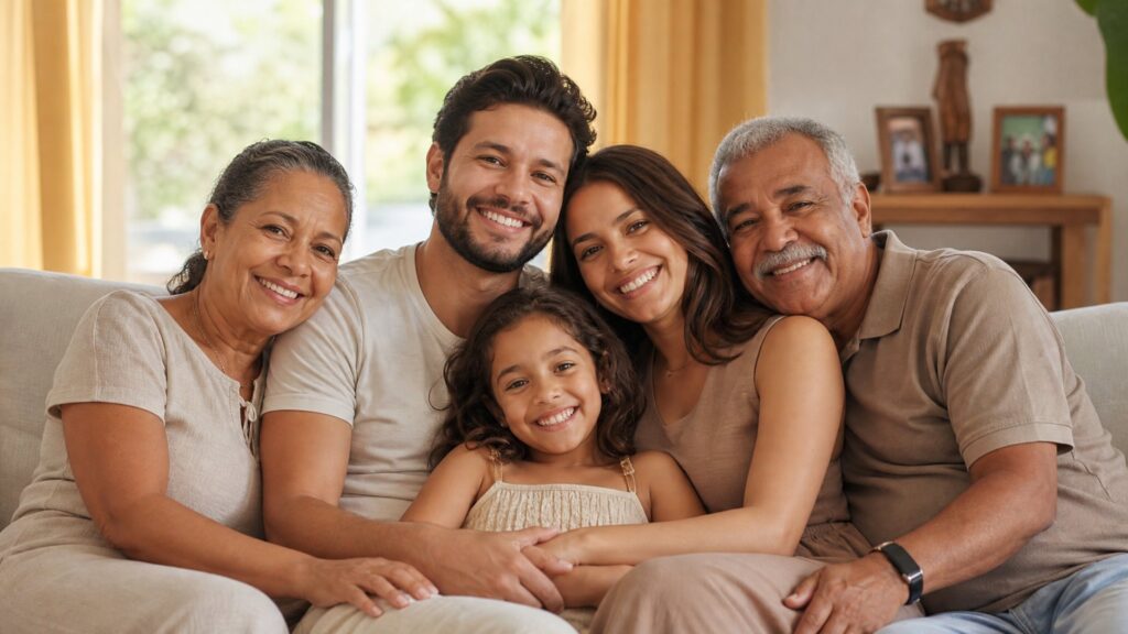 Família reunida no sofá de casa — proteção do seguro de vida