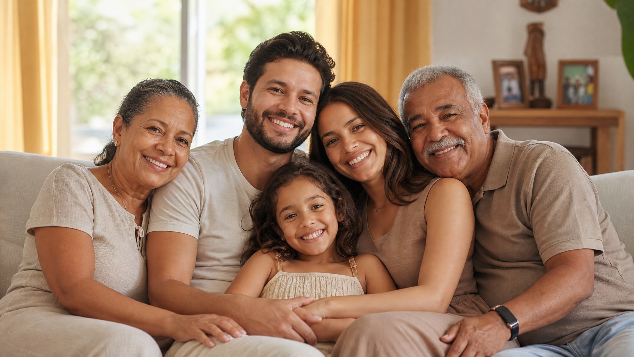 Família reunida no sofá de casa — proteção do seguro de vida