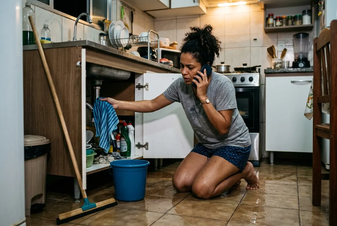 Mulher ajoelhada no chão molhado da cozinha, à noite, segurando um pano no cano que vaza embaixo da pia enquanto fala ao celular