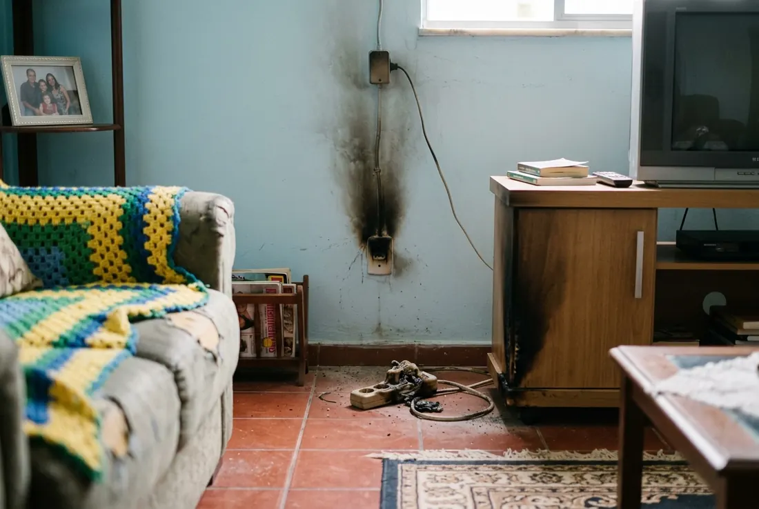 Tomada queimada na sala de uma casa simples, com a parede chamuscada acima dela e uma régua de energia derretida no chão