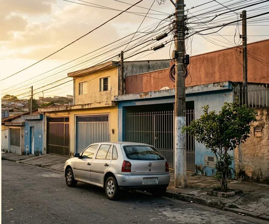Carro popular estacionado na rua de um bairro residencial no fim da tarde