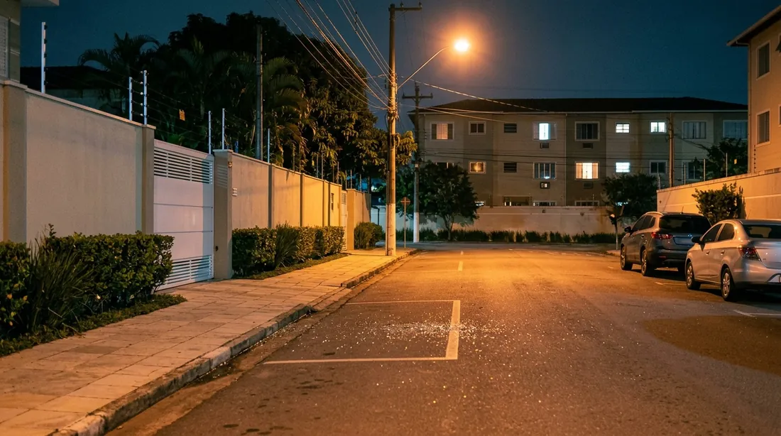 Vaga de estacionamento vazia à noite numa rua residencial, com cacos de vidro no asfalto