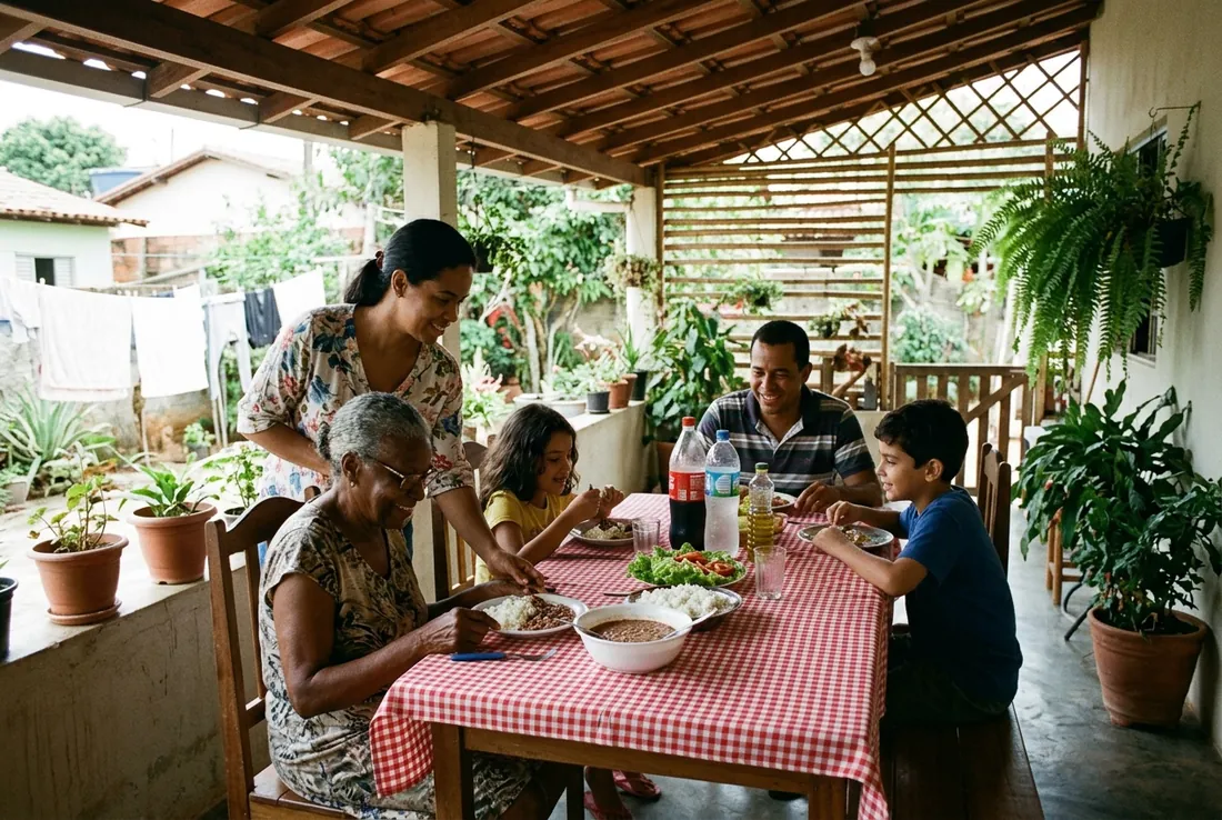 Família almoçando na varanda de casa num domingo, com a avó à mesa