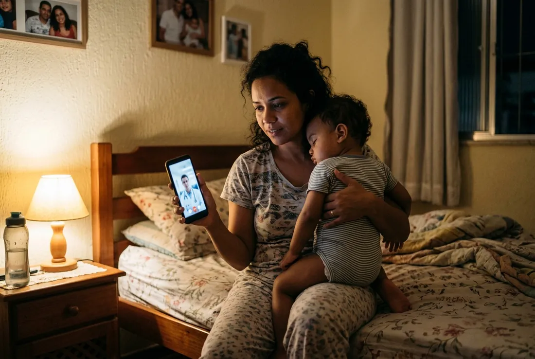 Mãe sentada na cama à noite, com o bebê dormindo no ombro, numa consulta por vídeo pelo celular