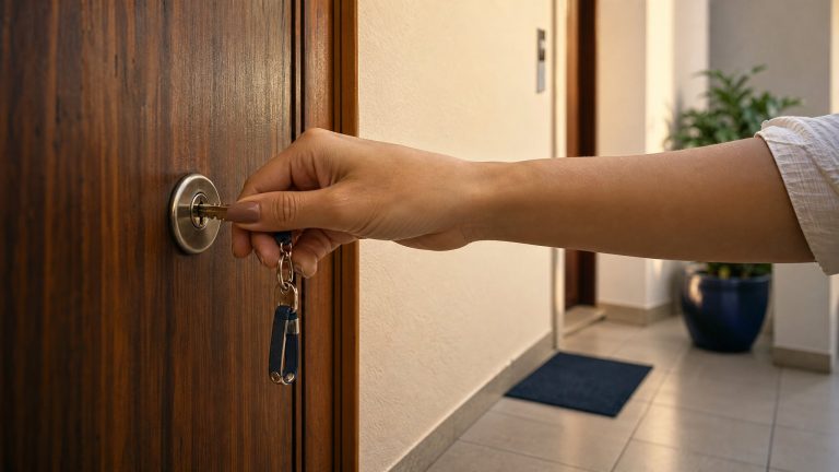 Mão gira a chave na fechadura da porta de um apartamento