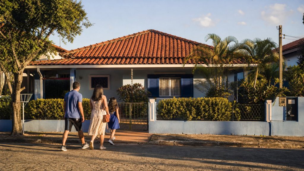 Família chega a uma casa térrea com telhado de barro e jardim na frente