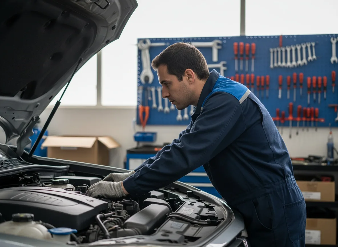 Mecânico examinando o motor de um carro em oficina