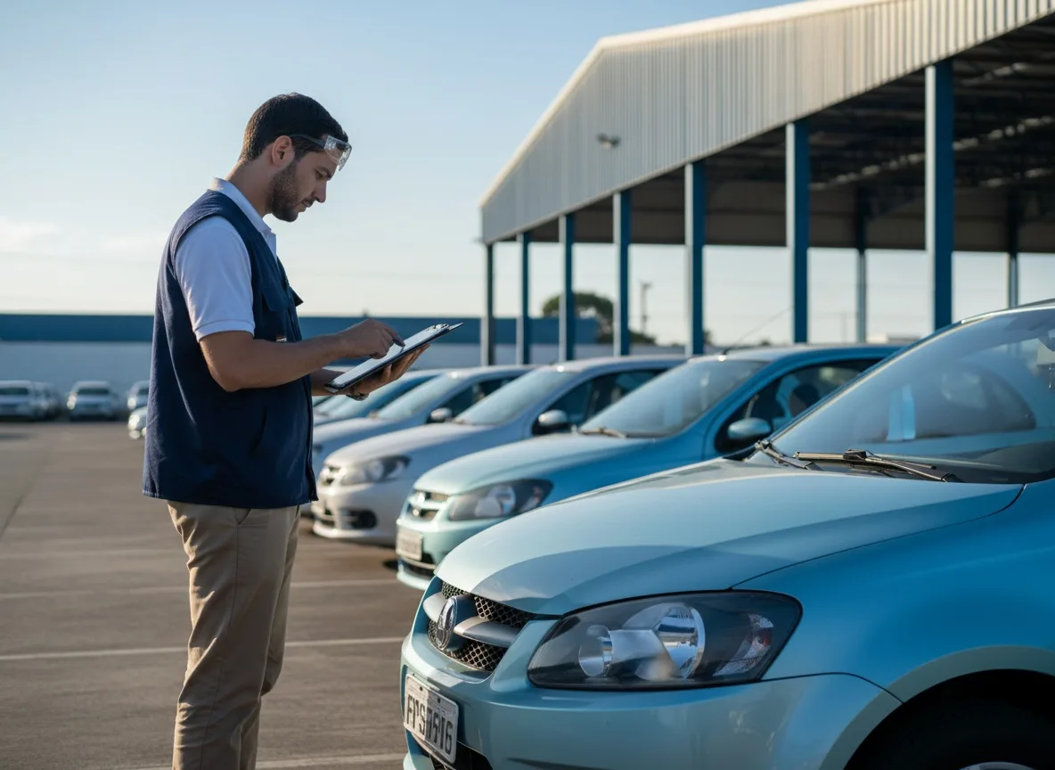 Vistoriador conferindo um carro com prancheta digital