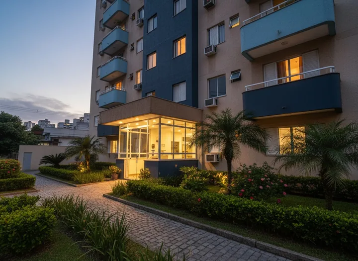 Fachada de prédio residencial com portaria iluminada