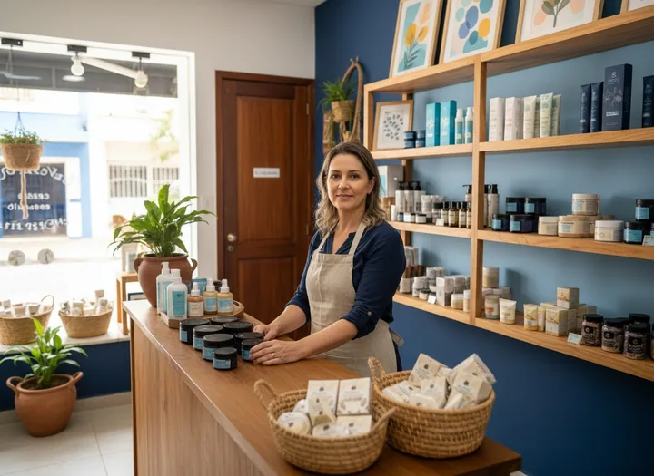 Dona de loja organizando produtos no balcão