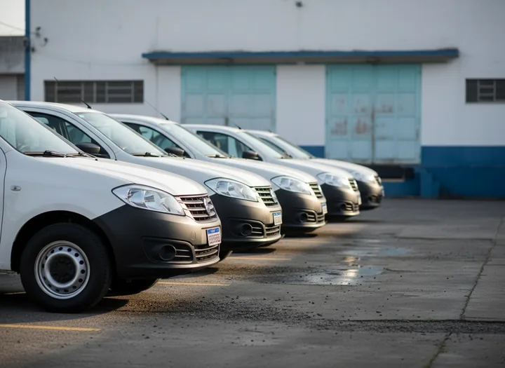 Veículos utilitários de empresa estacionados em pátio