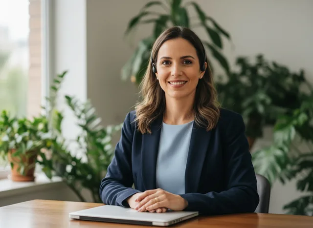 Corretora de seguros sorrindo em escritório claro
