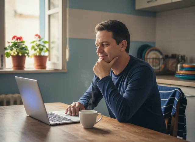 Homem à mesa da cozinha vendo o resultado no notebook