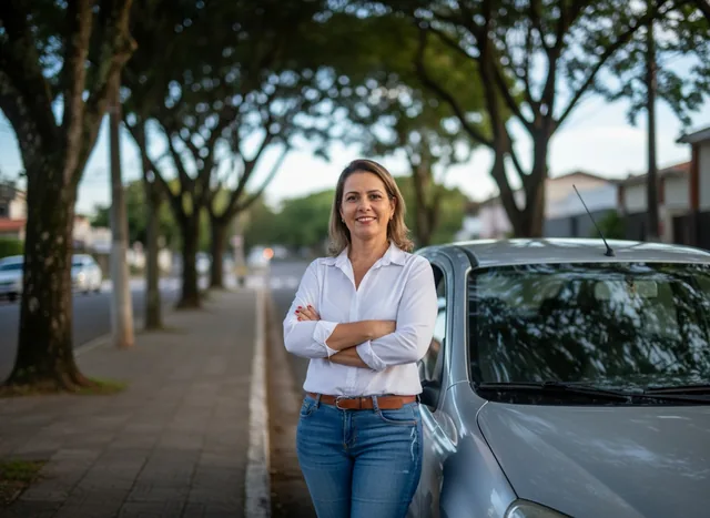 Mulher tranquila em pé ao lado do seu carro