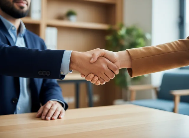 Aperto de mãos sobre uma mesa de escritório
