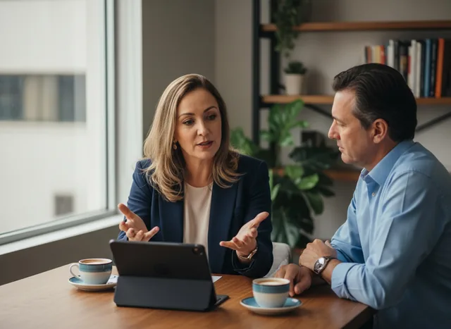 Corretora explicando a apólice para um cliente
