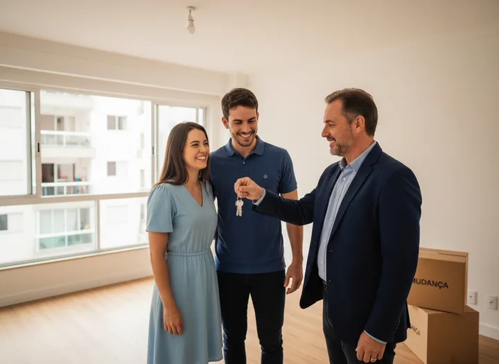 Casal recebendo a chave de um apartamento