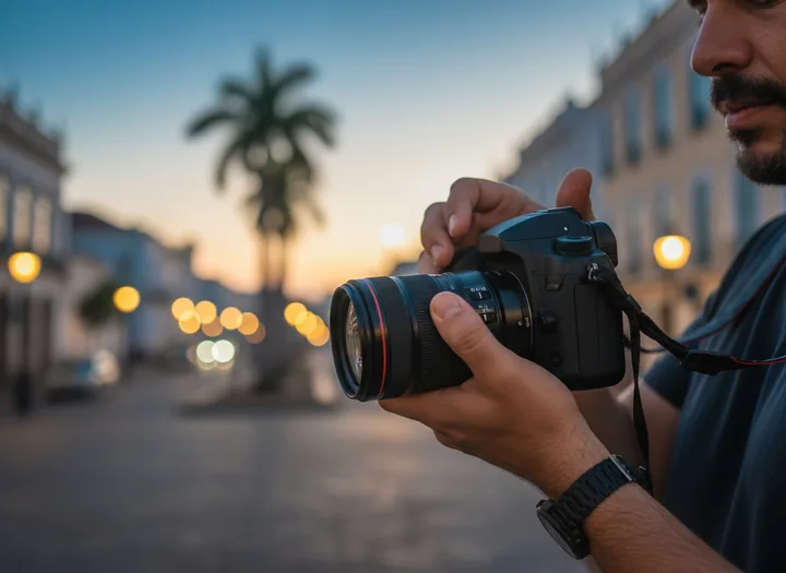 Fotógrafo ajustando a lente da câmera