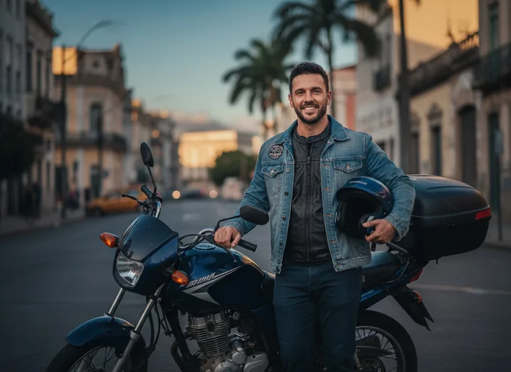 Motociclista ao lado da sua moto em rua urbana