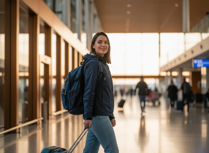 Mulher com mala caminhando pelo saguão do aeroporto