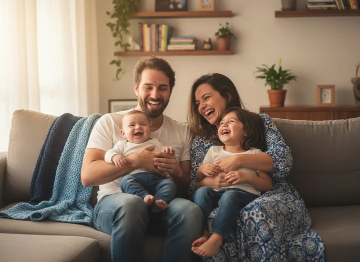 Família brasileira reunida no sofá da sala