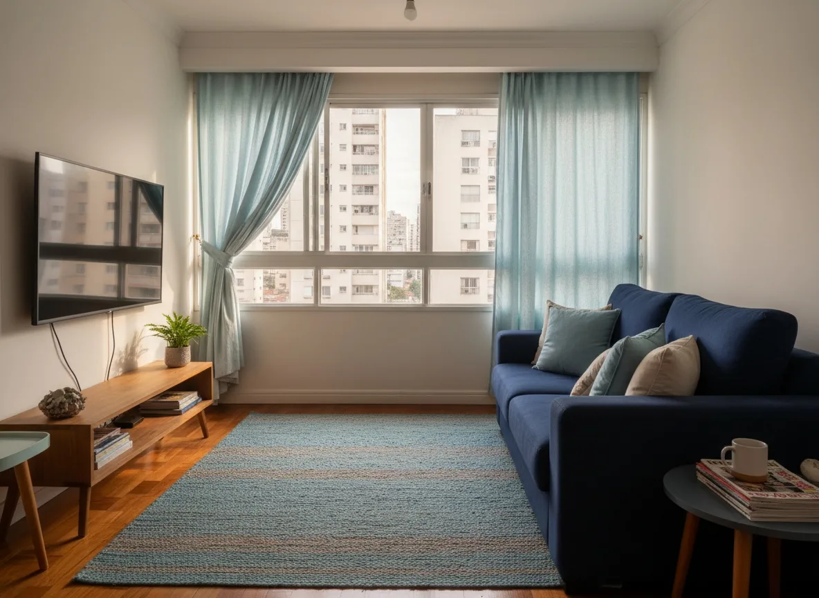 Sala de um apartamento brasileiro de classe média ao fim da tarde