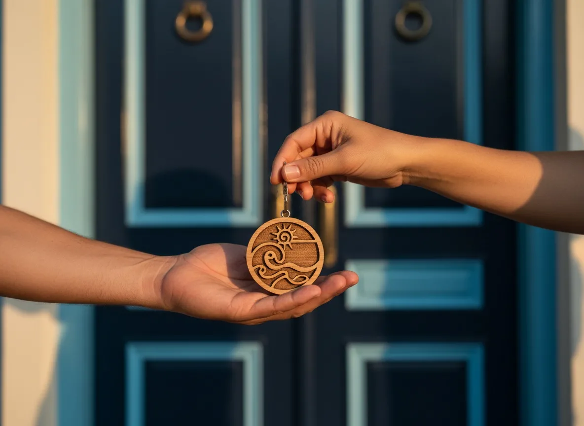 Entrega da chave de uma casa, em close nas mãos