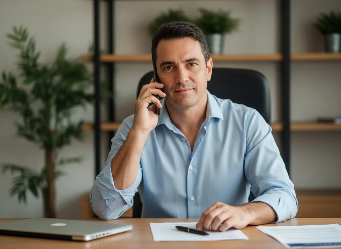 Corretor de seguros ao telefone em escritório claro