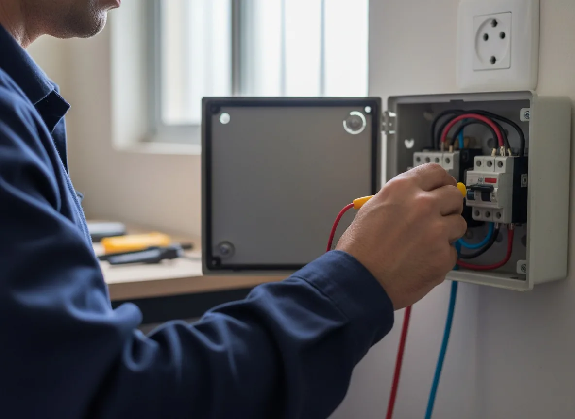 Eletricista fazendo manutenção em um quadro de energia residencial