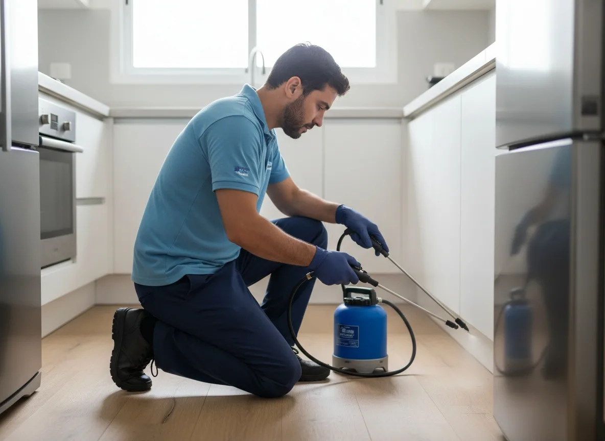 Técnico fazendo dedetização no rodapé de uma cozinha