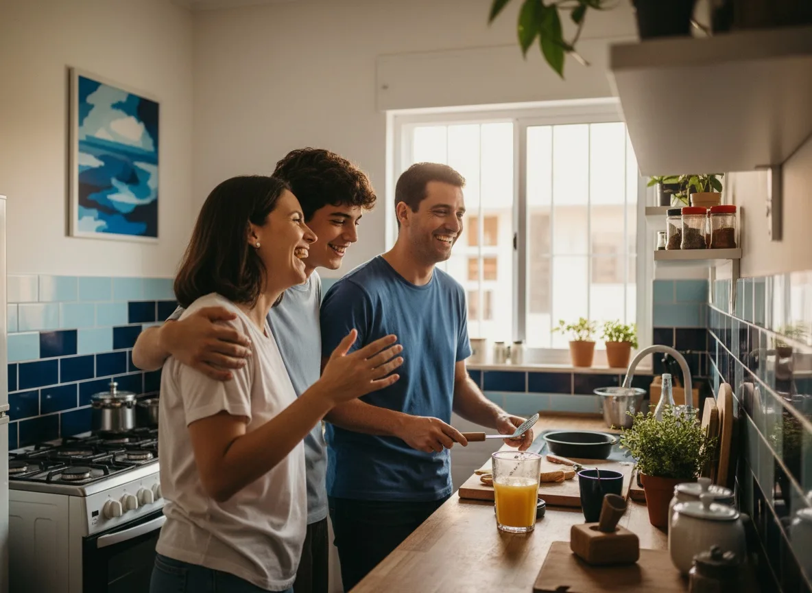 Família reunida na cozinha de casa