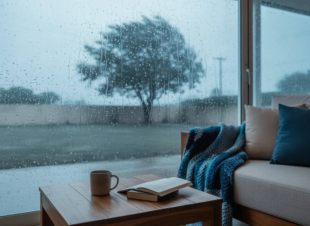 Chuva forte batendo na janela de uma casa, vista de dentro